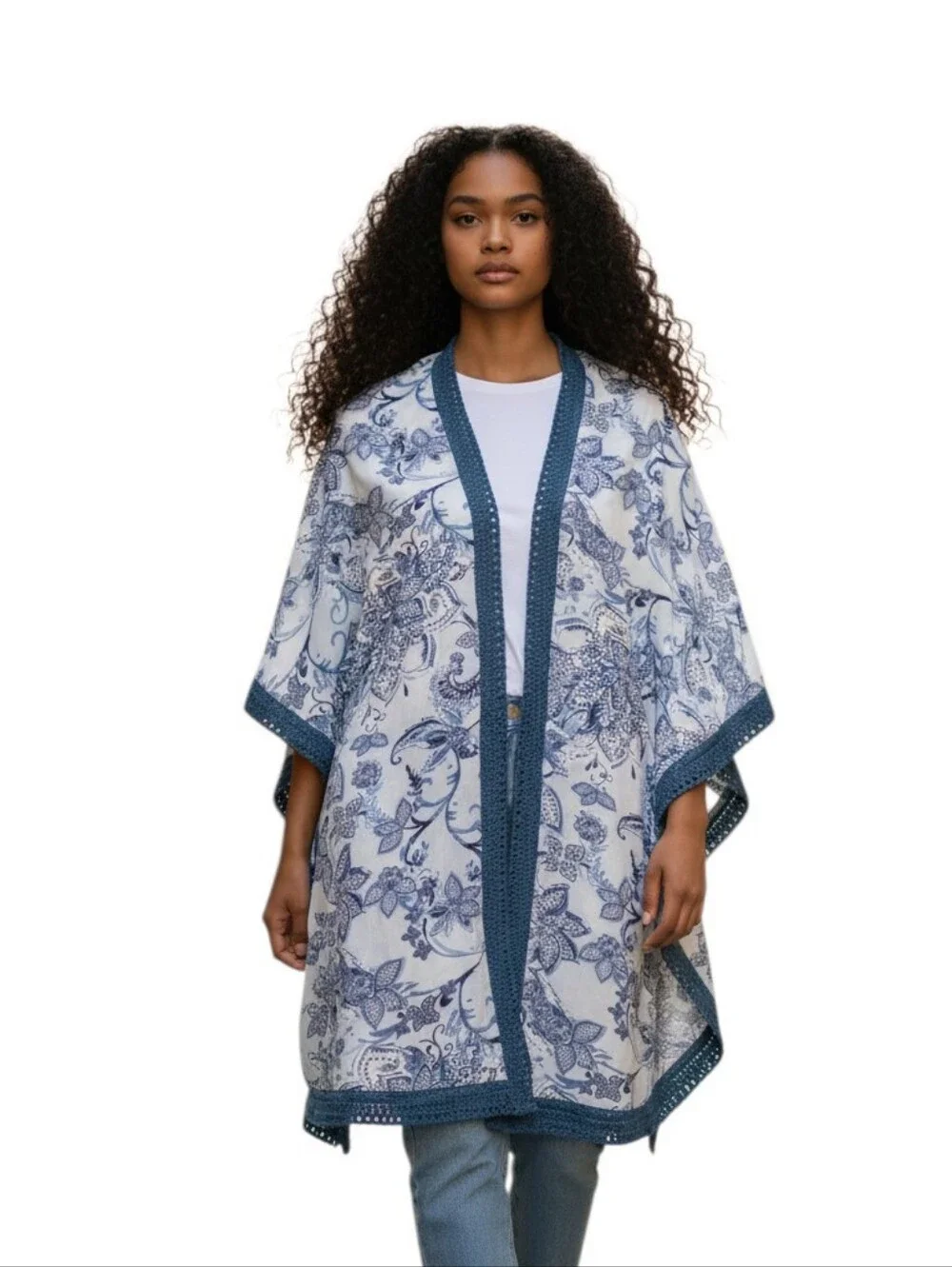 Chico’s Floral Braided Trim Open Front Shrug Cardigan Kimono Cover Up Sz L/XL